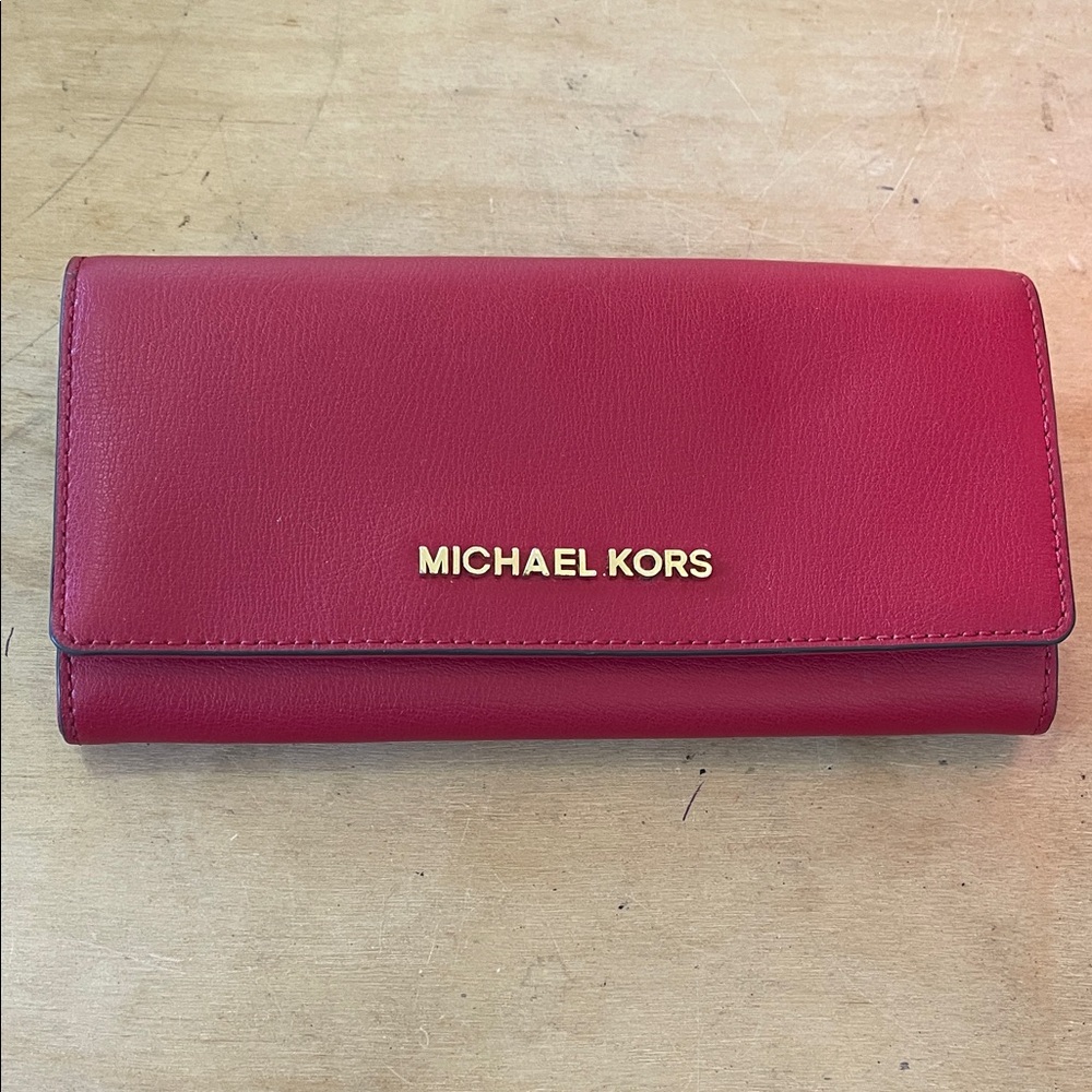 Michael Kors Red Fold-Over Continental Wallet with Gold Logo